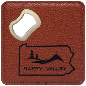 metal coaster/bottle opener wrapped in brown leather with Happy Valley graphic